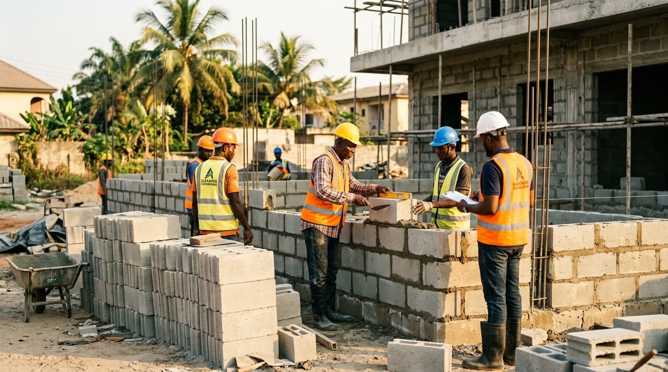 Active residential construction site in Nigeria using Blucindustry solid blocks